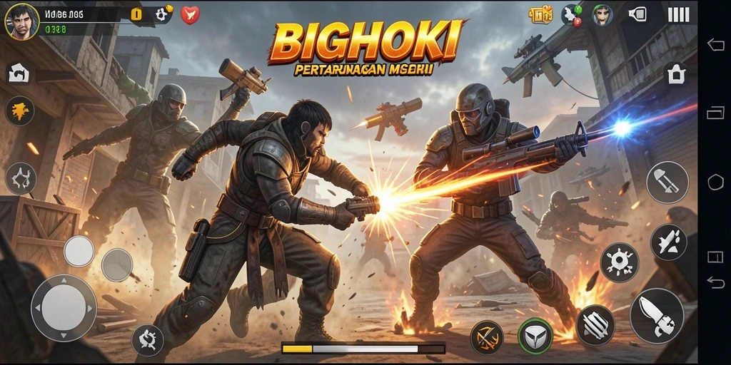 Screenshot menampilkan pertarungan seru dalam BIGHOKI dengan karakter yang aktif.
