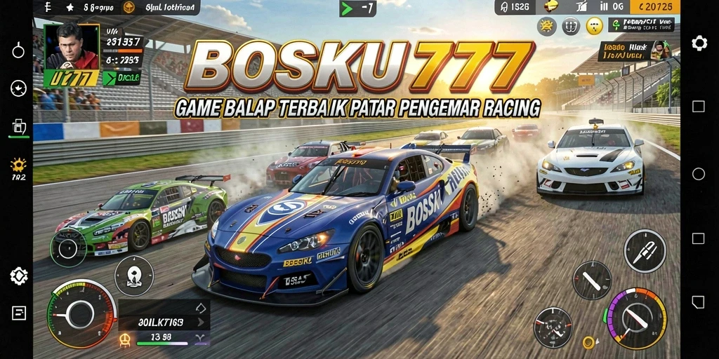 Screenshot gameplay BOSKU777 dengan aksi balap yang mendebarkan.