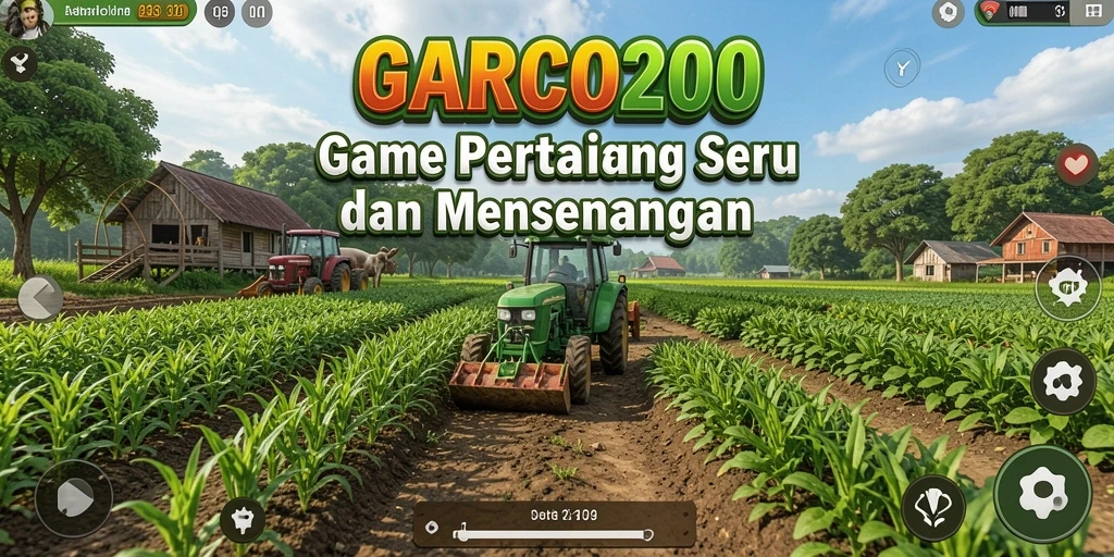 Tampilan gameplay GARCO200 dengan ladang yang subur dan tanaman yang tumbuh.