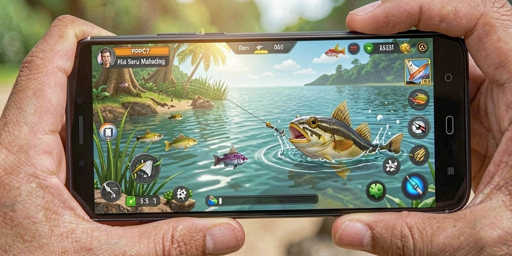 Tampilan menarik dari gameplay PCPC7 saat menangkap ikan.