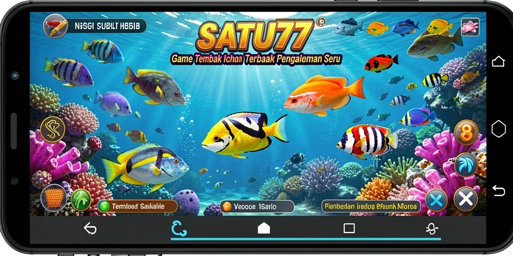 Tampilan seru dari gameplay Tembak Ikan SATU77 yang penuh warna.