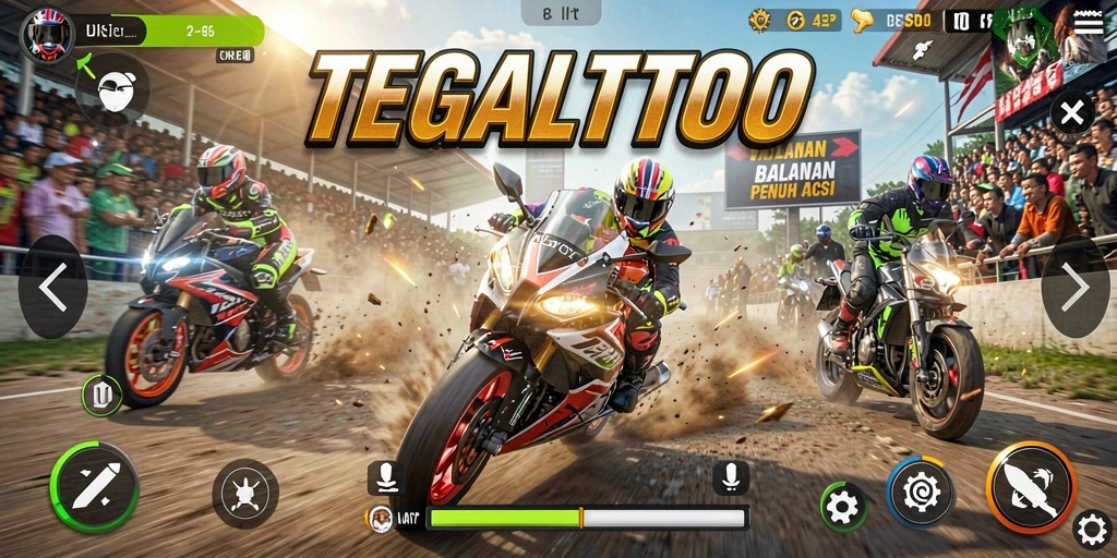 Screenshot TEGALTOTO menampilkan aksi balapan motor yang menegangkan.